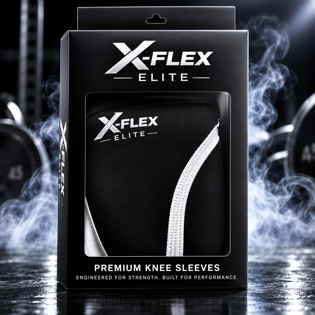 X-FLEX ELITE Premium Knee Sleeves in black packaging, featuring a black knee sleeve with a white textured stripe visible through the clear window, set against a dark gym background with smoke effects.