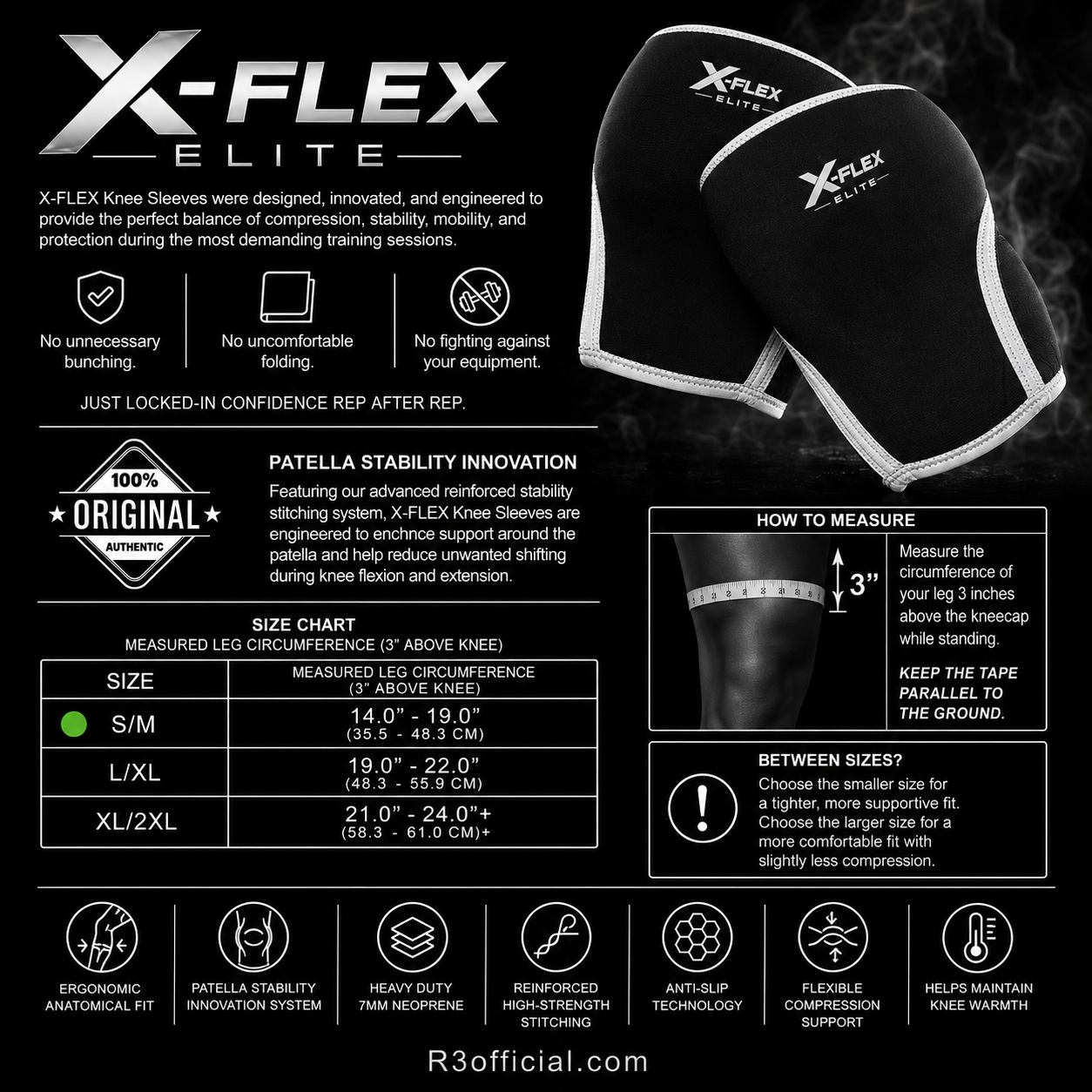 Promotional infographic for X-FLEX ELITE knee sleeves, showing a black and white knee sleeve on the right, product features and benefits on the left, a size chart table in the middle, and a R3OFFICIAL.com watermark at the bottom.