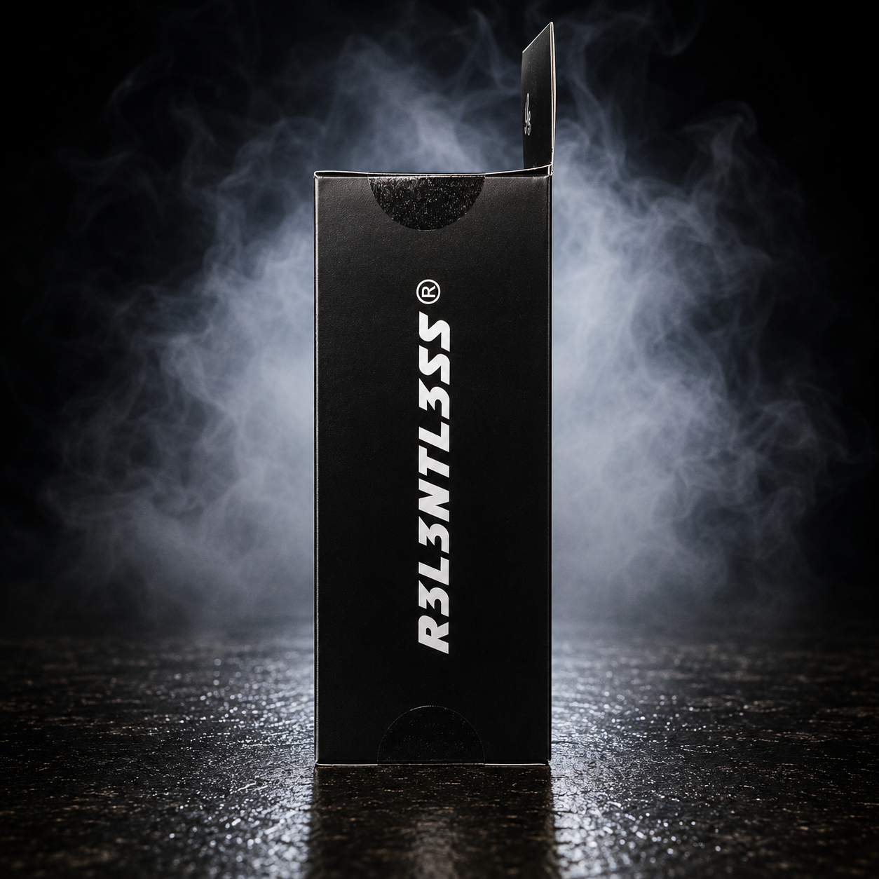 A tall black product box with the brand name 'R3L3NTL3SS' printed vertically in white, standing on a dark reflective surface with dramatic smoke behind it.
