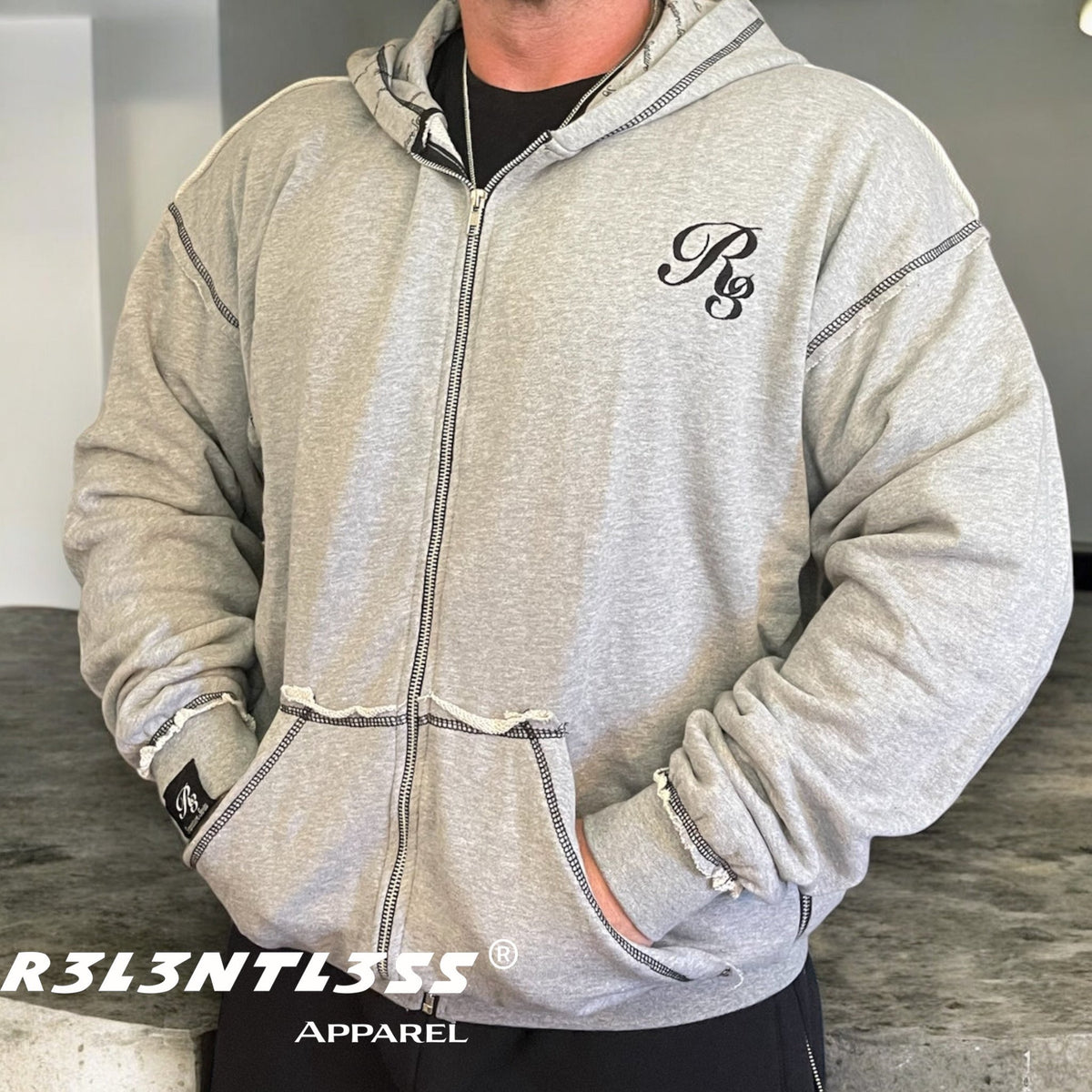 Man Wearing Viper Rough Stitch Full Zip-Up Hoodie Grey Color