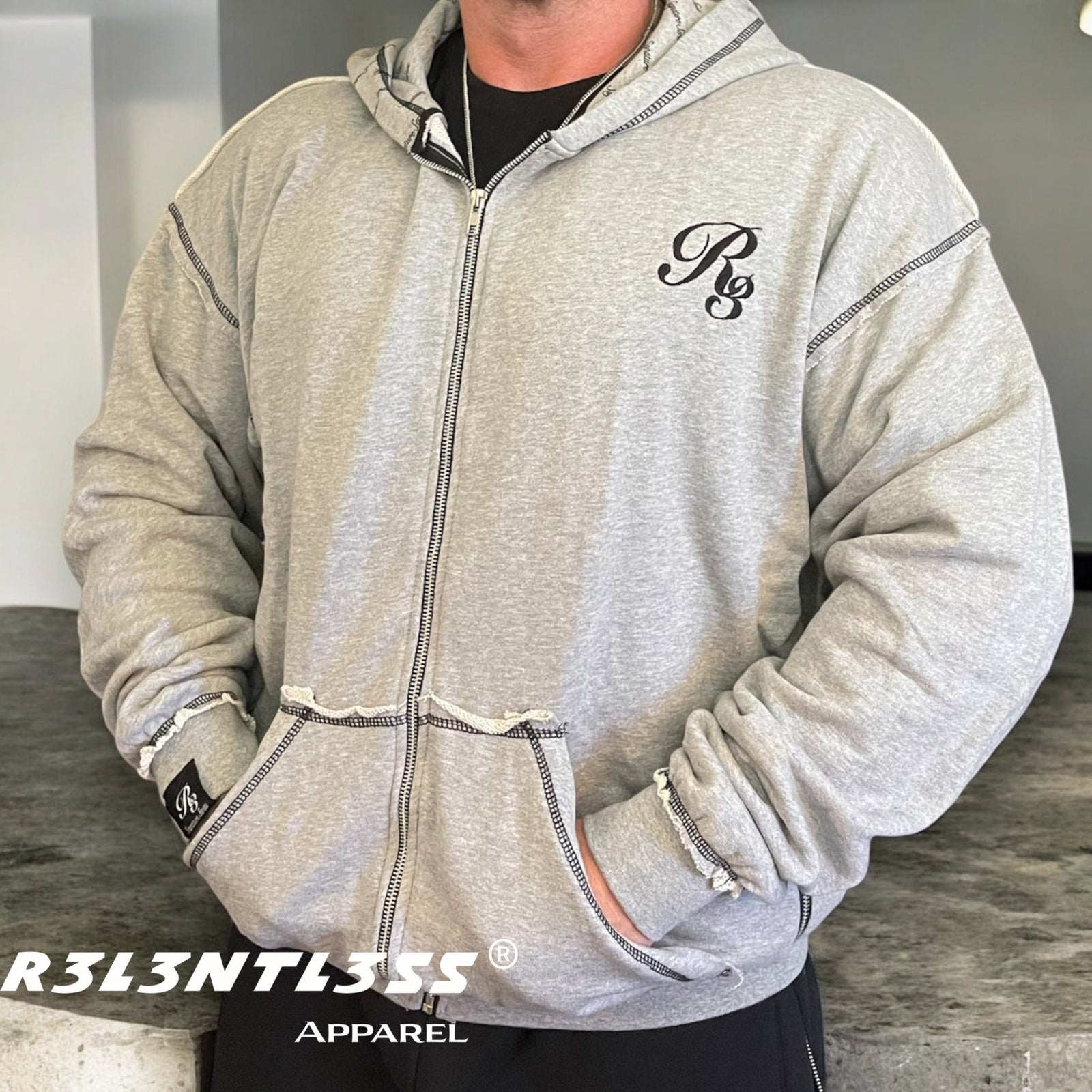 Man Wearing Viper Rough Stitch Full Zip-Up Hoodie Grey Color