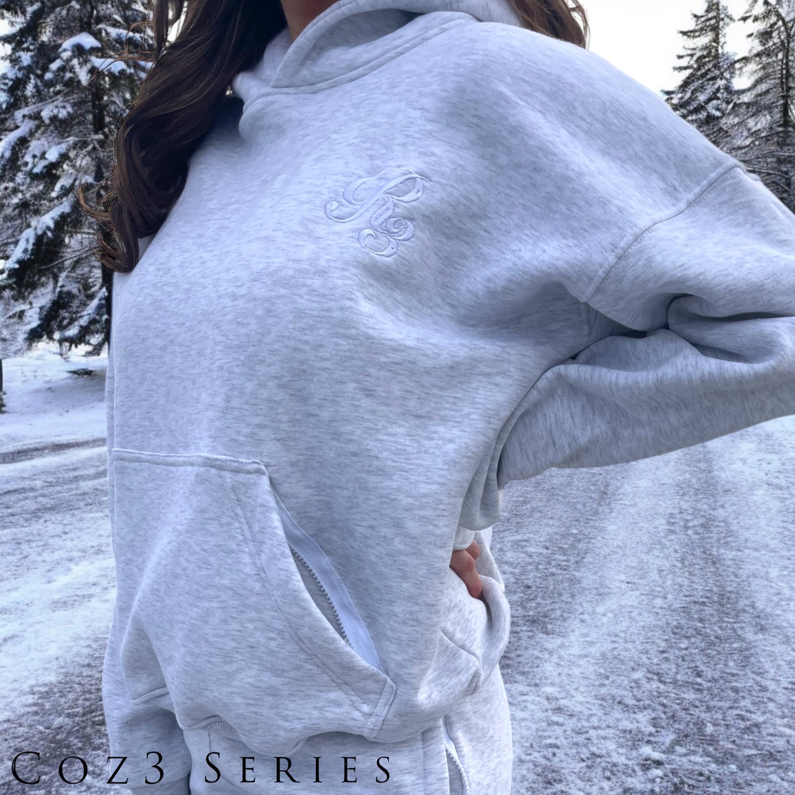 A person wearing a gray Coz3 Max Hoodie with the hood up, standing in a snowy outdoor setting.