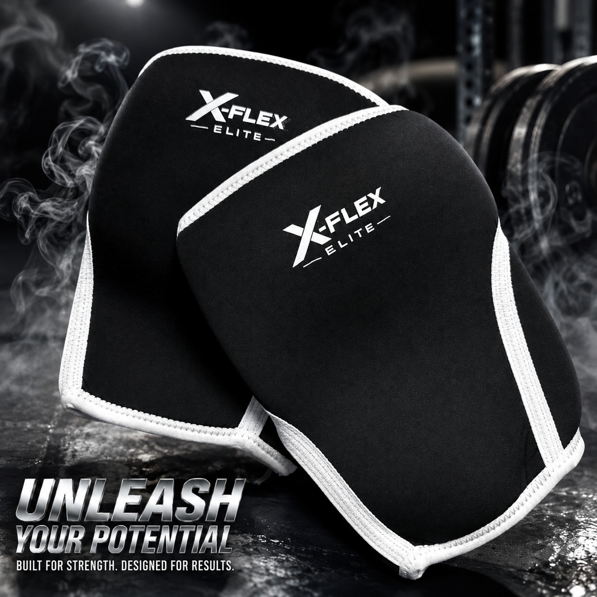 Two black X-FLEX ELITE knee sleeves with white trim, displayed on a dark, smoky gym floor with barbell racks in the background. Text overlay at the bottom reads 'UNLEASH YOUR POTENTIAL'.