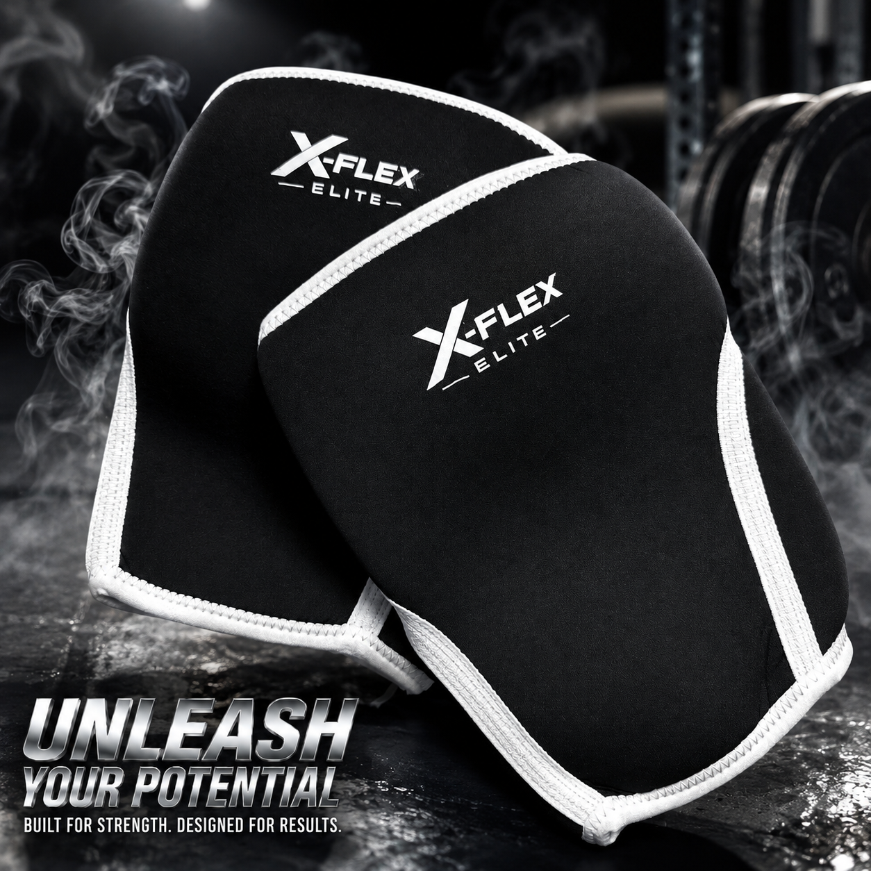 Two black X-FLEX ELITE knee sleeves with white trim, displayed on a dark, smoky gym floor with barbell racks in the background. Text overlay at the bottom reads 'UNLEASH YOUR POTENTIAL'.