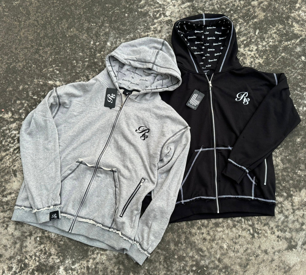 Viper Rough Stitch Full Zip-Up Hoodie Grey and Black Colors Front View