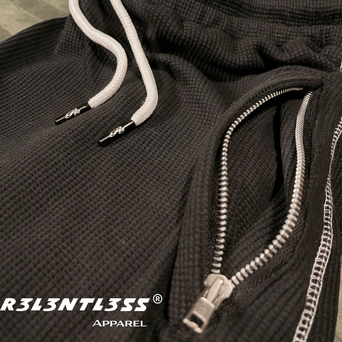 Chosen One Thermal Shorts Black color Zipper Pocket and Custom Logo String Tip View