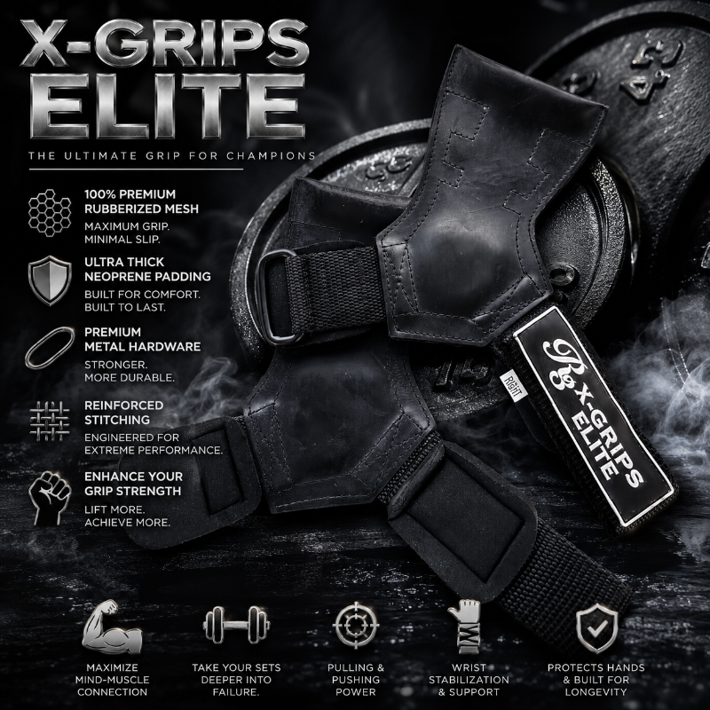Black X-Grips Elite grip tape shown on a dark textured background with product features and benefits text overlaid on the left side.