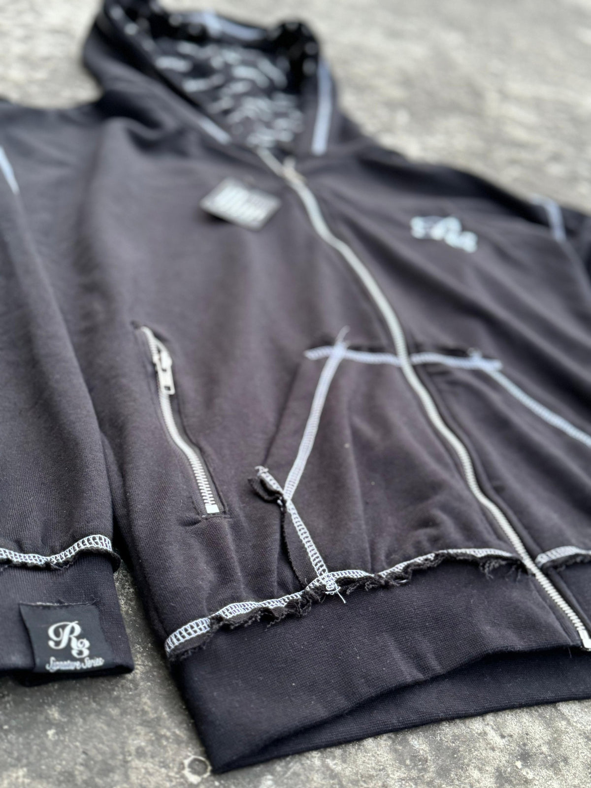 Viper Rough Stitch Full Zip-Up Hoodie Black Color Front View With Logo Tag on Cuff