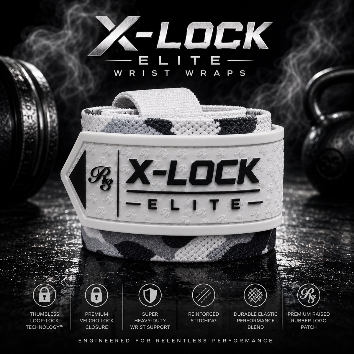 X-Lock Elite wrist wrap shown on a hand in a gym setting with kettlebells in the background. The wrap features a white and dark gray camouflage pattern with a white central strap and black branding.