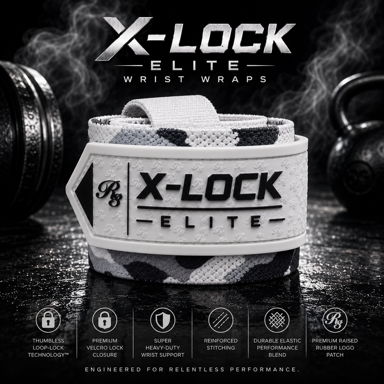 X-Lock Elite wrist wrap shown on a hand in a gym setting with kettlebells in the background. The wrap features a white and dark gray camouflage pattern with a white central strap and black branding.