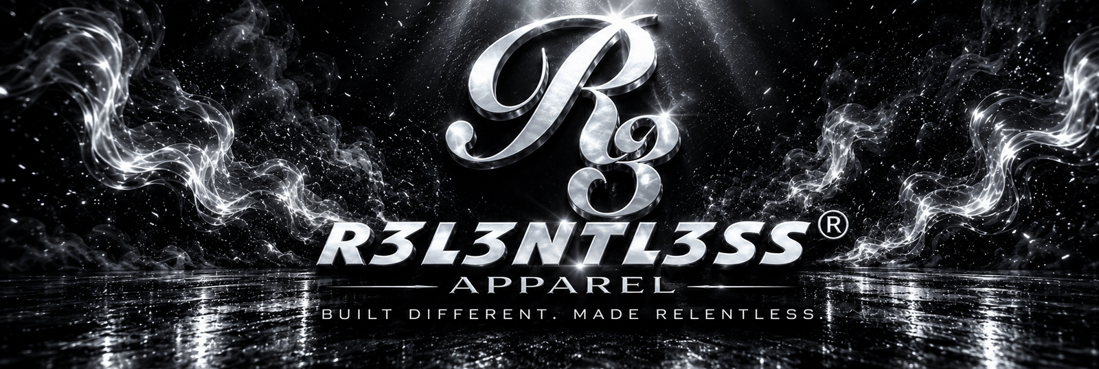 A black promotional graphic with a large metallic silver 'R3' logo, the text 'R3L3NTL3SS APPAREL', and the tagline 'BUILT DIFFERENT. MADE RELENTLESS.