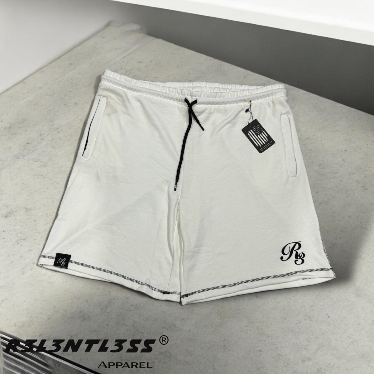 Different Breed Terry Shorts White Smoke Front View showing zipper pockets