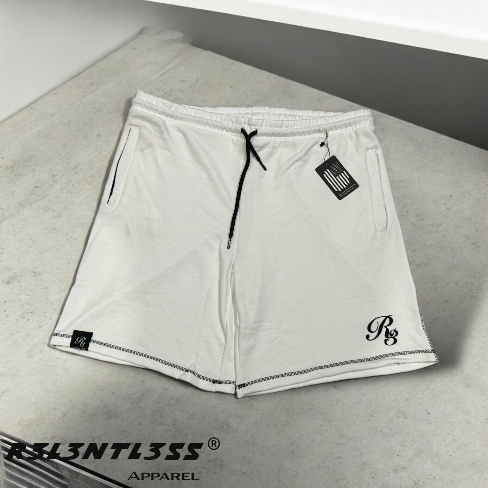 Different Breed Terry Shorts White Smoke Front View showing zipper pockets