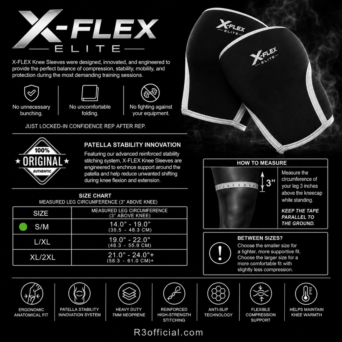 Promotional infographic for X-FLEX ELITE knee sleeves, showing a black and white knee sleeve on the right, product features and benefits on the left, a size chart table in the middle, and a R3OFFICIAL.com watermark at the bottom.