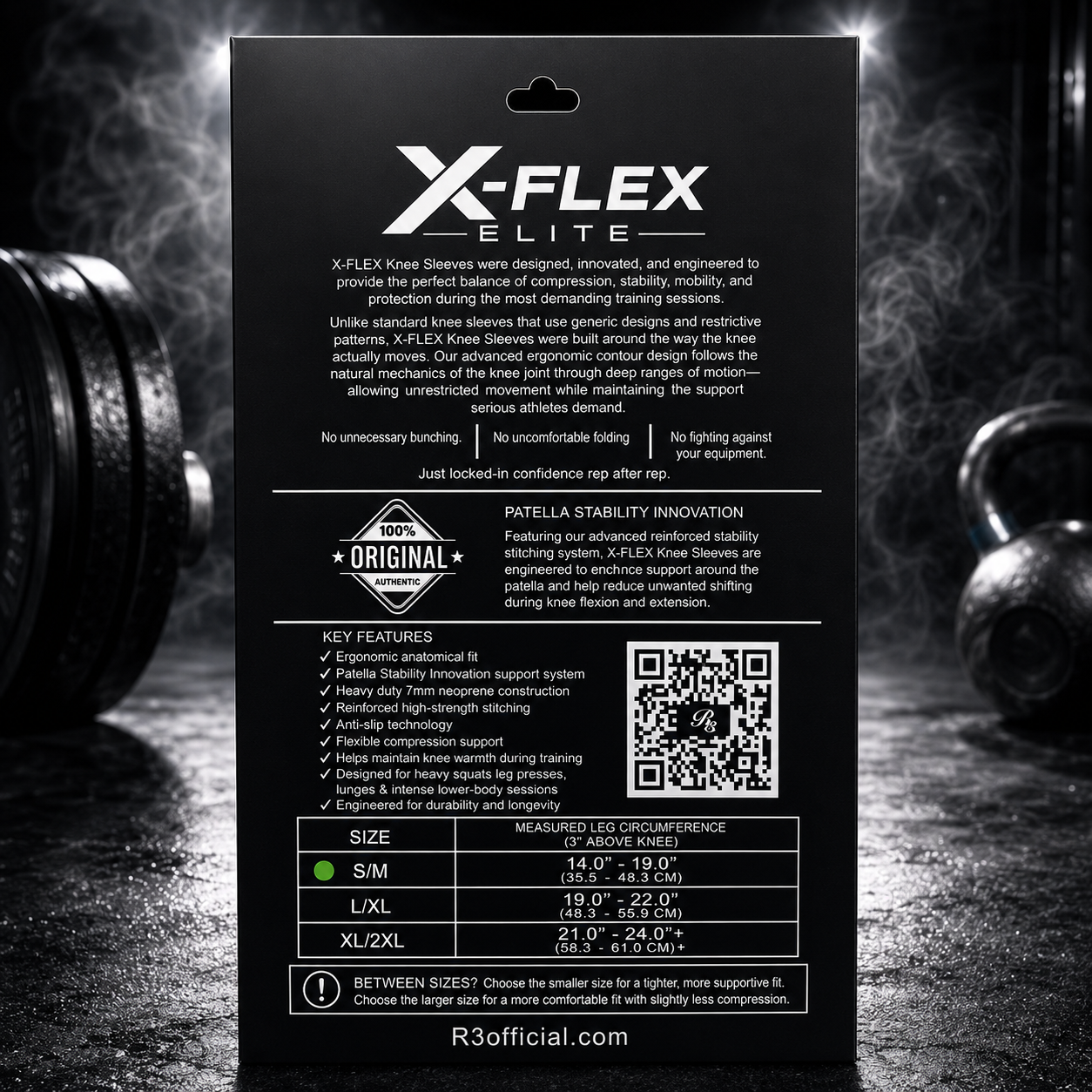 The back of an X-FLEX Elite knee sleeve packaging, showing product features, specifications, and sizing tables, set against a dark, smoky background with blurred weights.