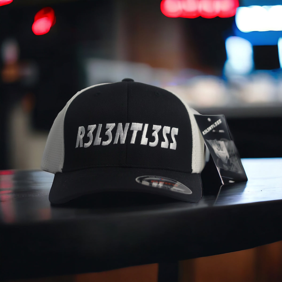 Flex Fit AirMesh Hat Black and White embroidered logo Front View