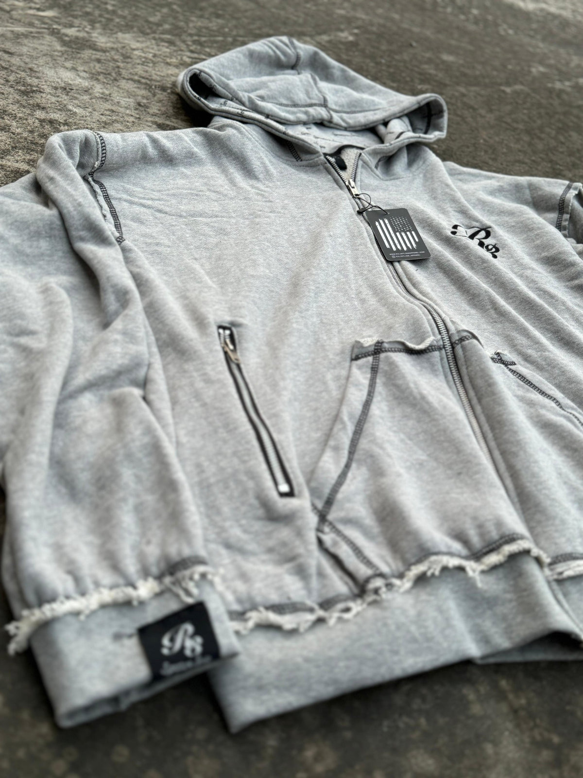 Viper Rough Stitch Full Zip-Up Hoodie Grey Color Front View With Logo Tag On Cuff