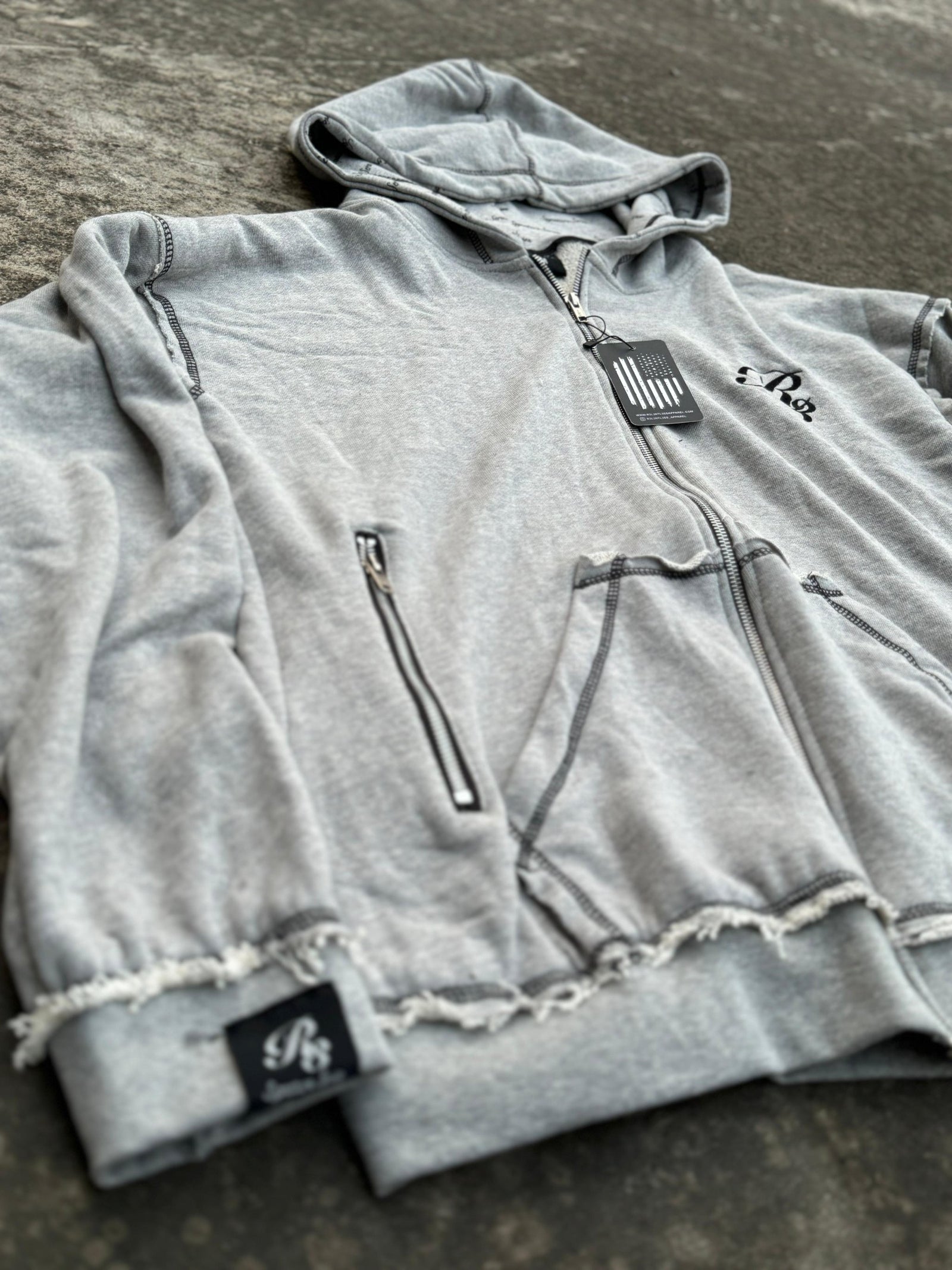 Viper Rough Stitch Full Zip-Up Hoodie Grey Color Front View With Logo Tag On Cuff